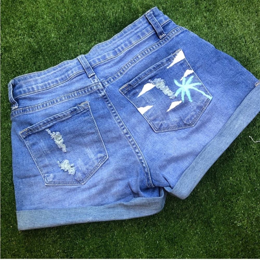 High Rise Denim Shorts with Hand Painted Details